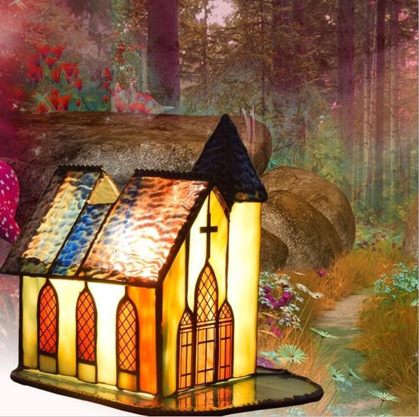 Ng Retro Creative Small House Glass Lamp Tiffany Stained Glass Table Lamp Art Bedroom Bedside Bar Night Lights Tf041.