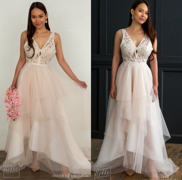 blush pink wedding dresses lace appliqued v neck a line tiered skirts beach bridal gowns custom made sweep train bohemian wedding dress, White
blush pink wedding dresses lace appliqued v neck a line tiered skirts beach bridal gowns custom made sweep train bohemian wedding dress, White
