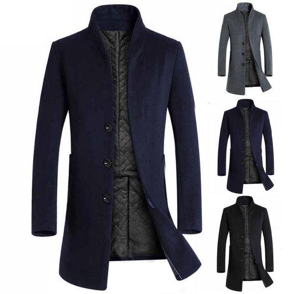 men winter long sleeve stand collar buttons pockets warm woolen trench coat, Black
men winter long sleeve stand collar buttons pockets warm woolen trench coat, Black