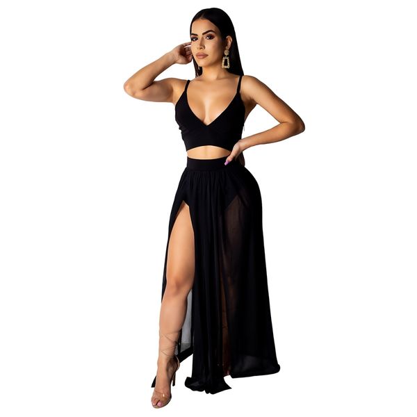 women's summer 2 piece chiffon dress crop skirt set beachwear, White