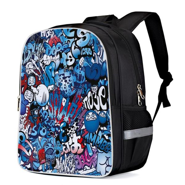blue explosion punk graffiti backpacks school bag child book bag sports bags bottle side pockets school student silver edge