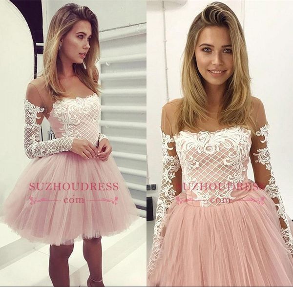2019 puffy baby pink cocktail dresses illusion neck long sleeve appliques homecoming dress tulle mini skirt short party prom dress bc1032, Black
2019 puffy baby pink cocktail dresses illusion neck long sleeve appliques homecoming dress tulle mini skirt short party prom dress bc1032, Black