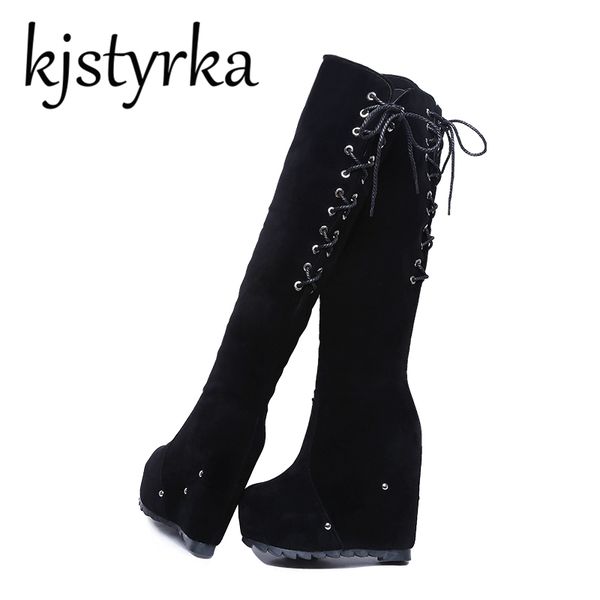 kjstyrka slim boots near the knee high boots women cross-band knee high platform height increase 11cm wedges shoes, Black
kjstyrka slim boots near the knee high boots women cross-band knee high platform height increase 11cm wedges shoes, Black