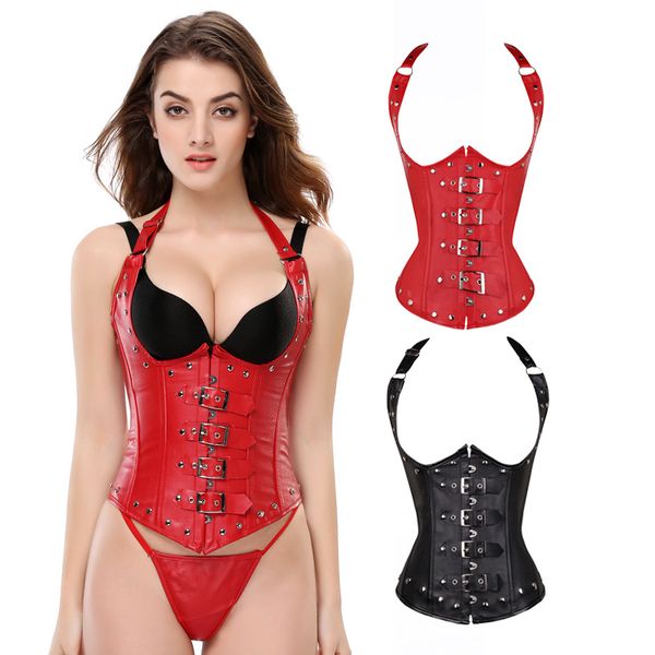 halter neck black women punk style spiral steel boned waist trainer vest waist cinchers shapers faux leather corset underbust 828, Black;white
halter neck black women punk style spiral steel boned waist trainer vest waist cinchers shapers faux leather corset underbust 828, Black;white