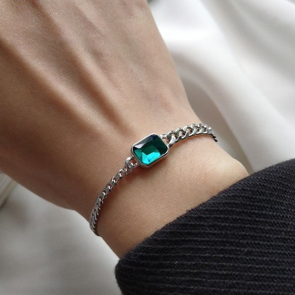 925 sterling silver wide curb caban chain faceted rectangular emerald green crystal bracelet for female party fashion jewelry, Black
925 sterling silver wide curb caban chain faceted rectangular emerald green crystal bracelet for female party fashion jewelry, Black