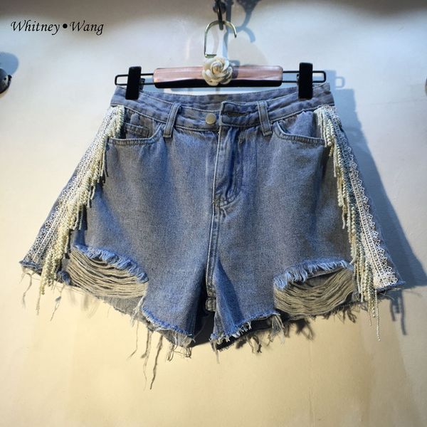 women's jeans whitney wang shorts 2021 summer fashion streetwear sides lace pearls beading tassel denim women plus size 5xl, Blue
women's jeans whitney wang shorts 2021 summer fashion streetwear sides lace pearls beading tassel denim women plus size 5xl, Blue