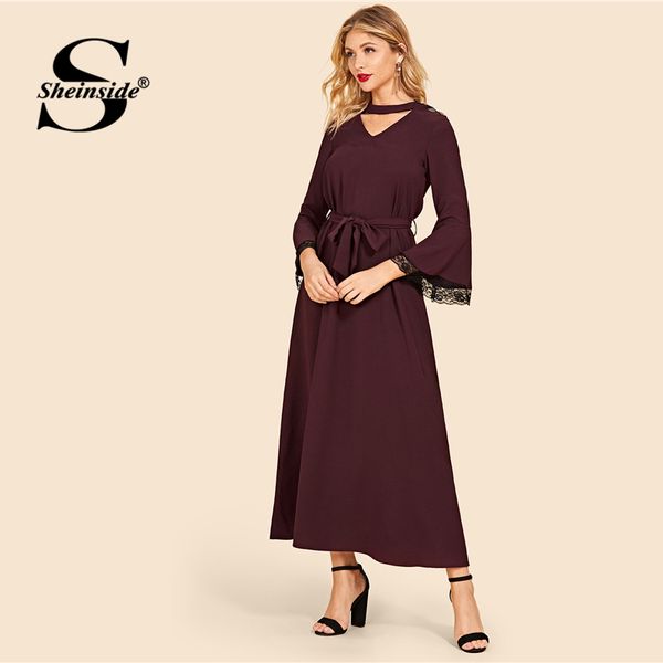 

sheinside choker neck lace bell sleeve belted dress women 2019 flounce sleeve v neck burgundy dresses ladies solid long dress, Black;gray