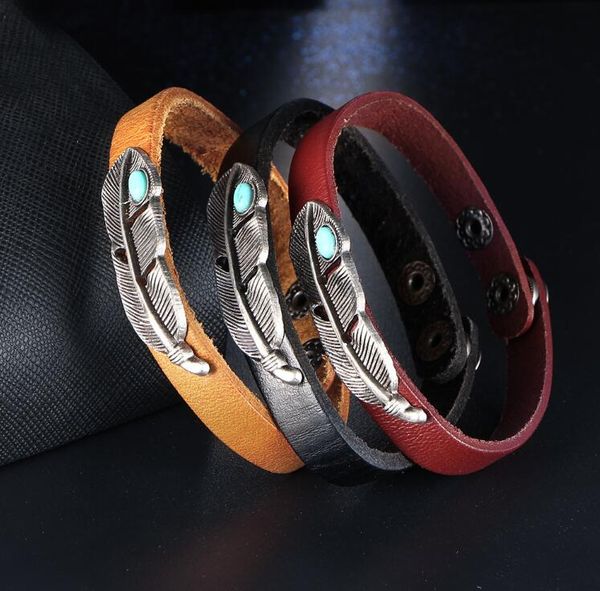 10pcs retro punk turquoises feather leather men's bracelets for men women casual men's jewelry bracelet handmade jewelry accessori, Golden;silver 
10pcs retro punk turquoises feather leather men's bracelets for men women casual men's jewelry bracelet handmade jewelry accessori, Golden;silver