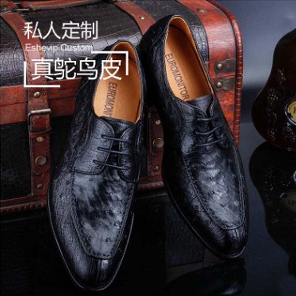 ourui true ostrich leather men business ostrich leather shoes lace-up genuine men's shoes, Black