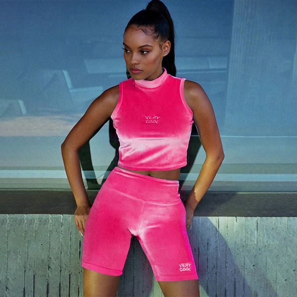 velvet biker shorts sweat suit women pink embroidery letter sleeveless crop 2 piece set casual sportswear workout tracksuit, White;red 
velvet biker shorts sweat suit women pink embroidery letter sleeveless crop 2 piece set casual sportswear workout tracksuit, White;red