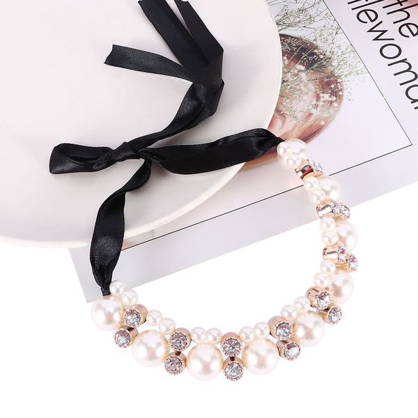 double row rhinestone necklace adjustable band ribbon beads necklace imitation pearl choker sweet jewelry, Silver
double row rhinestone necklace adjustable band ribbon beads necklace imitation pearl choker sweet jewelry, Silver