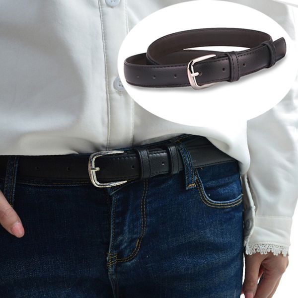women belt black faux leather metal pin buckle casual jeans dress thin belt 85-125cm, Black;brown