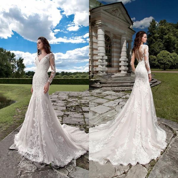 2020 lace wedding dresses v neck long sleeves appliques beads mermaid bridal gowns button back sweep train wedding dress robe de mariee, White
2020 lace wedding dresses v neck long sleeves appliques beads mermaid bridal gowns button back sweep train wedding dress robe de mariee, White