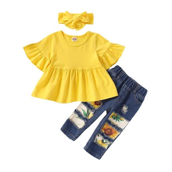 summer baby girls 3 pcs clothes sets flare sleeve solid color + flower print hole denim pants + headband, White
summer baby girls 3 pcs clothes sets flare sleeve solid color + flower print hole denim pants + headband, White