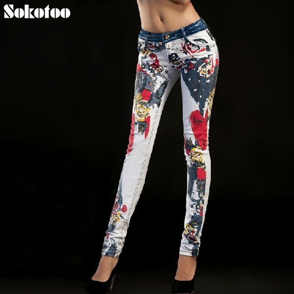 sokotoo women's print jeans female trousers colored drawing flower slim denim trousers thin skinny jeans, Blue
sokotoo women's print jeans female trousers colored drawing flower slim denim trousers thin skinny jeans, Blue