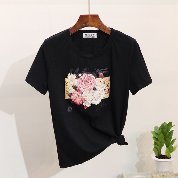 flower pearl sequin women t shirt short sleeve summer print pink tee shirt, White 
flower pearl sequin women t shirt short sleeve summer print pink tee shirt, White