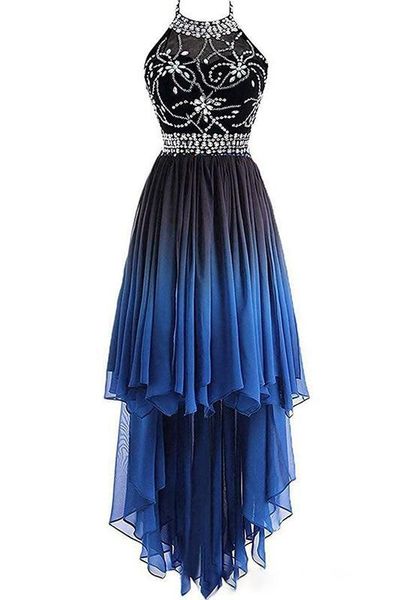 halter blue cocktail dresses high front low back chiffon crystals beading sleeveless zipper contrast color formal party gown, Black
halter blue cocktail dresses high front low back chiffon crystals beading sleeveless zipper contrast color formal party gown, Black