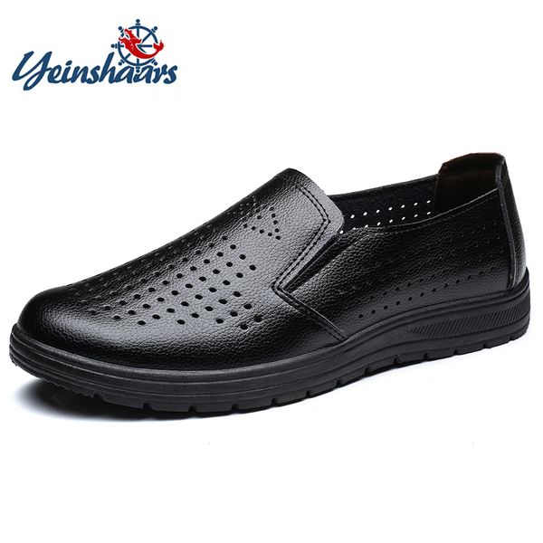 yeinshaars man shoes cow leather genuine cut-outs slip-on breathable loafers 2017 men shoes for wedding business brown black