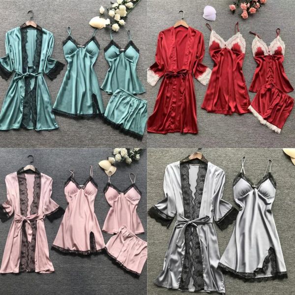 4pcs 2020 new women pajamas sets polyester satin sleepwear nightwear strap lace pyjama home wear lounge clothing with chest pads, Blue;gray
4pcs 2020 new women pajamas sets polyester satin sleepwear nightwear strap lace pyjama home wear lounge clothing with chest pads, Blue;gray