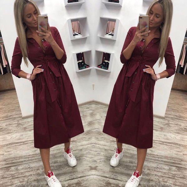 women casual sashes a line party dress ladies button turn down collar ol style shirt dress 2019 summer solid knee dress, Black;gray 
women casual sashes a line party dress ladies button turn down collar ol style shirt dress 2019 summer solid knee dress, Black;gray
