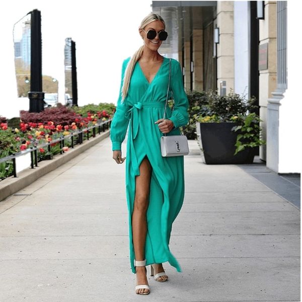 women dress with high lace split 2019 summer autumn maxi beach long dresses elegant casual party vestido v neck dress, Black;gray 
women dress with high lace split 2019 summer autumn maxi beach long dresses elegant casual party vestido v neck dress, Black;gray