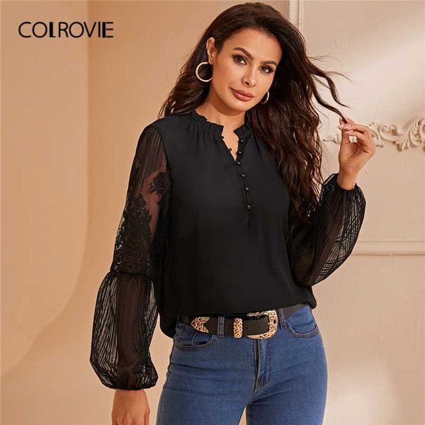 

colrovie black lace panel bishop sleeve frill trim blouse women 2019 half placket blouse pullovers solid elegant ladies blouses, White