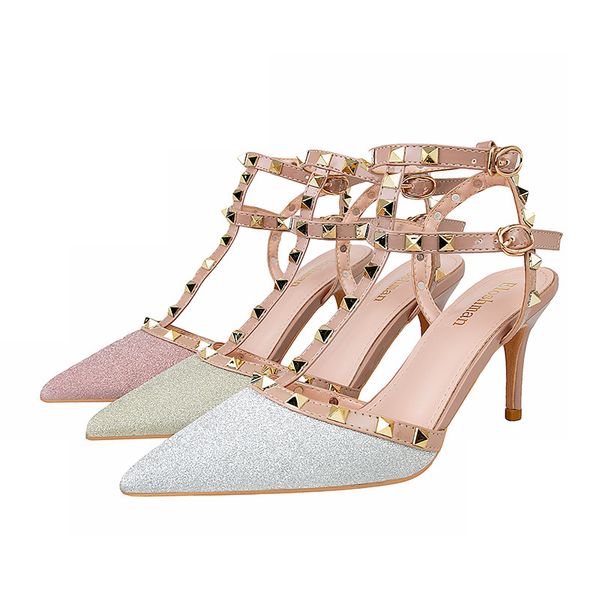 fashion high heel women's shoes rivets fine heel sequins hollow shallow mouth sandals designer shoes, Black
fashion high heel women's shoes rivets fine heel sequins hollow shallow mouth sandals designer shoes, Black