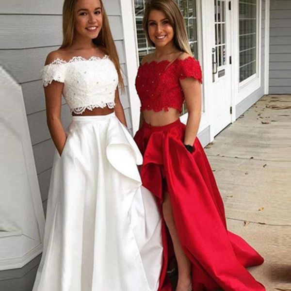 chic off-the-shoulder cap sleeve lace satin 2 piece prom dresses with high slit red white tween party dresses affordable party dresses, Black 
chic off-the-shoulder cap sleeve lace satin 2 piece prom dresses with high slit red white tween party dresses affordable party dresses, Black