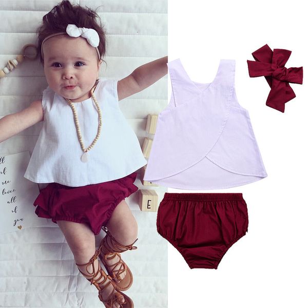 3pcs sets infant toddler kids baby girls vest+shorts pants+headband summer clothes 0-3y, White