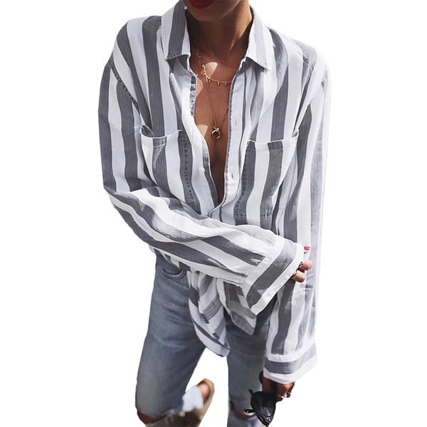 2019 striped female office shirts turn-down collar loose women blouses fashion long sleeve button pocket blusas mujer, White
2019 striped female office shirts turn-down collar loose women blouses fashion long sleeve button pocket blusas mujer, White