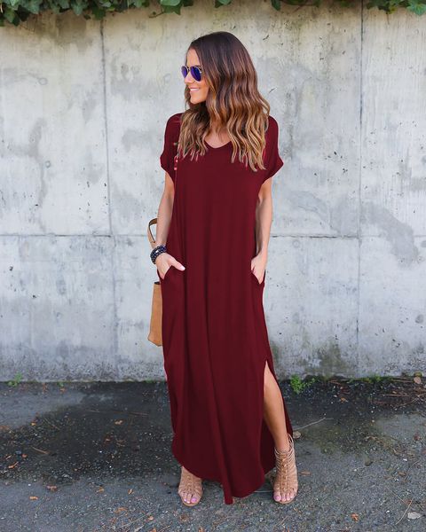 2019 women's summer casual maxi dress loose pocket long dress short sleeve split maxi dresses plain casual basic midi dress, Black;gray 
2019 women's summer casual maxi dress loose pocket long dress short sleeve split maxi dresses plain casual basic midi dress, Black;gray