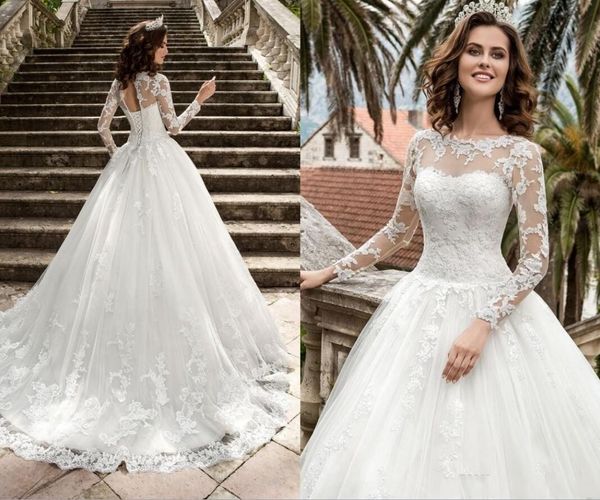 sheer lace a line wedding dresses with illusion long sleeve court train applique jewel neck corset country style bridal gowns, White
sheer lace a line wedding dresses with illusion long sleeve court train applique jewel neck corset country style bridal gowns, White