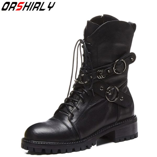 orshirly 2019 new arrive momen genuine leather punk boots high-top fashion metal decorate casual platform ankle boots, Black