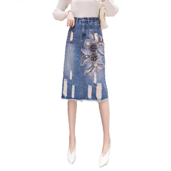 lake blue european fashion embroidered denim skirts shuhua399, Black;gray