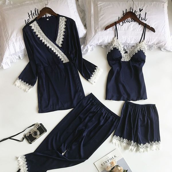 2019 spring and summer women's pajamas 4 piece suit fashion pink belt satin pajamas women silk home service lace pijama, Blue;gray
2019 spring and summer women's pajamas 4 piece suit fashion pink belt satin pajamas women silk home service lace pijama, Blue;gray