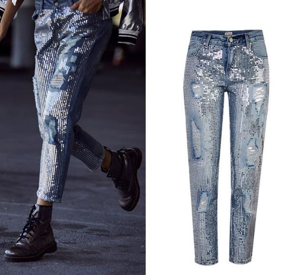 women's jeans european&american sequins ripped fashion women straight-leg ninth denim pants, Blue
women's jeans european&american sequins ripped fashion women straight-leg ninth denim pants, Blue