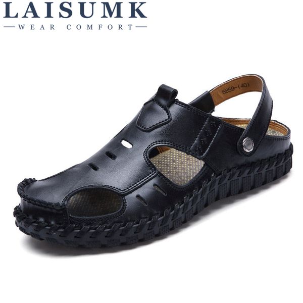 laisumk 2019 new men summer sandals genuine leather beach men sandals breathable slippers casual shoes, Black