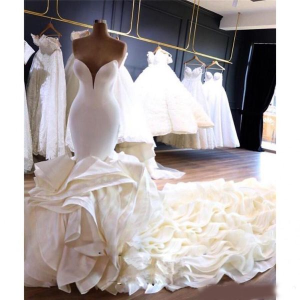 2020 new luxurious plus size mermaid wedding dresses sweetheart sleeveless backless satin tiered ruffle cathedral train formal bridal gowns, White
2020 new luxurious plus size mermaid wedding dresses sweetheart sleeveless backless satin tiered ruffle cathedral train formal bridal gowns, White