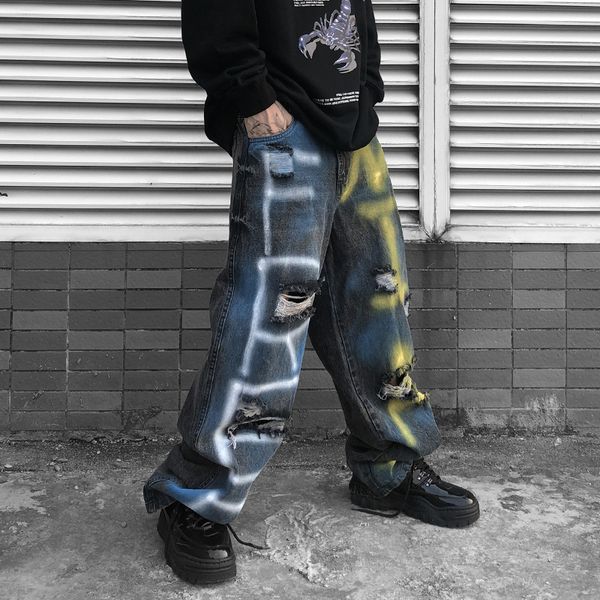 new male streetwear hip hop loose denim pant men paint graffiti holes straight jeans trousers, Blue
new male streetwear hip hop loose denim pant men paint graffiti holes straight jeans trousers, Blue