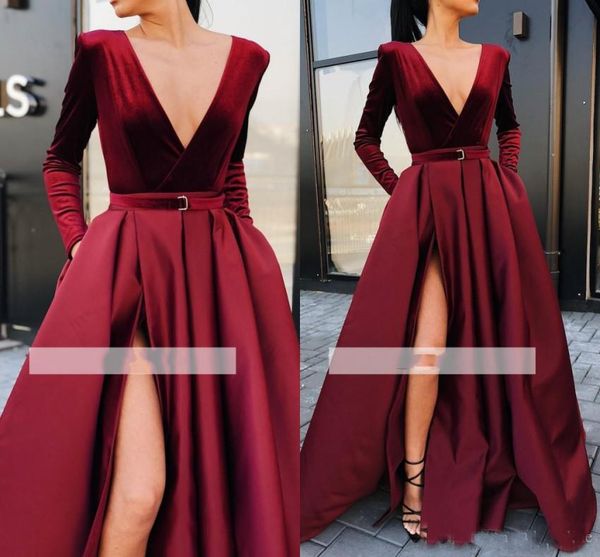Burgundy Split Evening Dresses 2019 New Sexy A Line Prom Dresses Deep V-Neck Long Sleeves Sash Belt Long Party Gowns
Burgundy Split Evening Dresses 2019 New Sexy A Line Prom Dresses Deep V-Neck Long Sleeves Sash Belt Long Party Gowns