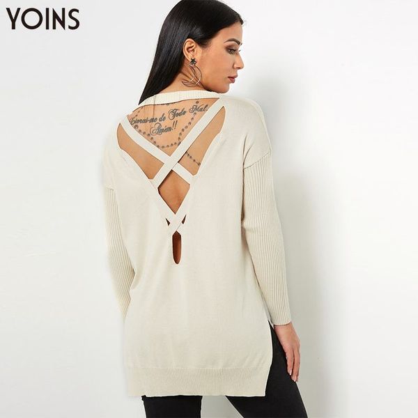 

yoins 2019 spring autumn winter sweater women knitted crossed round neck long sleeves slit irregular hem sweaters casual jumpers, White;black