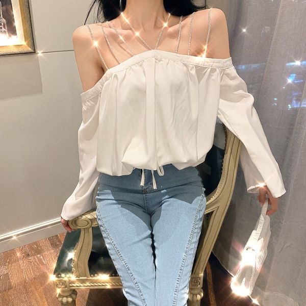 2020 new korean-style design sense diamond-set off-shoulder shirt loose slimming careful machine shirt female fashion, White
2020 new korean-style design sense diamond-set off-shoulder shirt loose slimming careful machine shirt female fashion, White