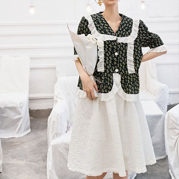 a63 women's flower green onion rural style lotus leaf floral women's shirt cotton green onion top, White
a63 women's flower green onion rural style lotus leaf floral women's shirt cotton green onion top, White