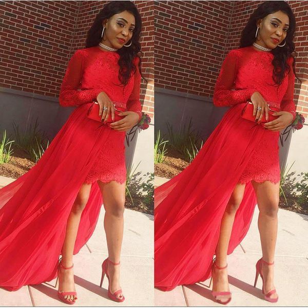 african red sheah prom dresses long sleeves lace short evening gowns with detachable chiffon train vestido festa formal party dress, Black
african red sheah prom dresses long sleeves lace short evening gowns with detachable chiffon train vestido festa formal party dress, Black