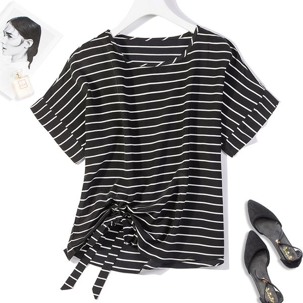 women's 100% pure silk shirt blouse round neck short sleeves tied bottom black stripes jn208, White
women's 100% pure silk shirt blouse round neck short sleeves tied bottom black stripes jn208, White