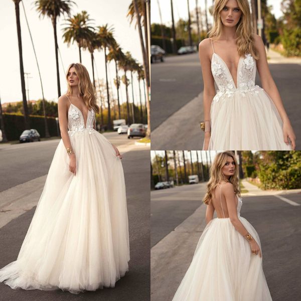2019 berta bohemia wedding dresses lace spaghetti a line appliqued country bridal gowns sweep train custom made backless wedding dress, White
2019 berta bohemia wedding dresses lace spaghetti a line appliqued country bridal gowns sweep train custom made backless wedding dress, White