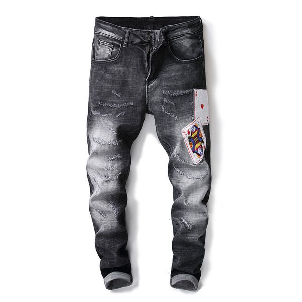 men's casual ripped poker patches jeans distressed hole washed embroidered jeans stretch denim slim fit men jeans 15019-1#, Blue
men's casual ripped poker patches jeans distressed hole washed embroidered jeans stretch denim slim fit men jeans 15019-1#, Blue