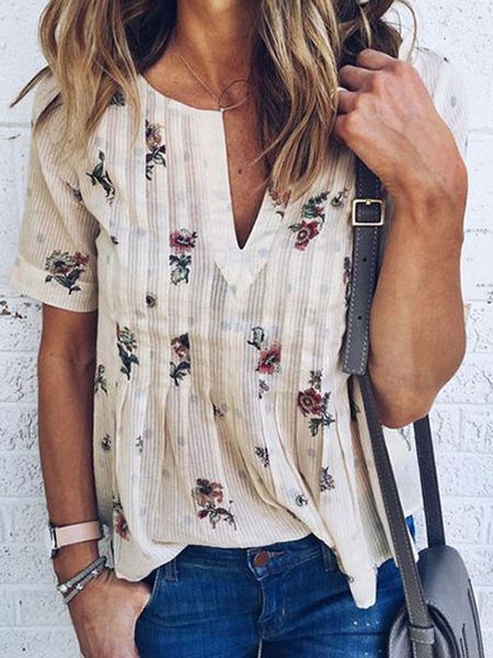 womens floral summer ladies v-neck print short sleeve polyester t-shirt summer crop, White
womens floral summer ladies v-neck print short sleeve polyester t-shirt summer crop, White
