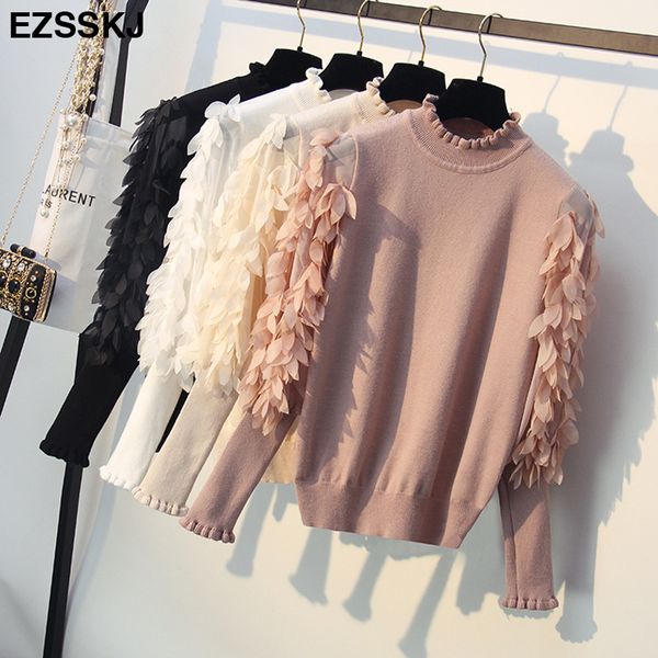 

korean spring autumn loose flowers mesh lantern sleeves sweater ruffled collar knitted women sweater pullover femme pull y190830, White;black