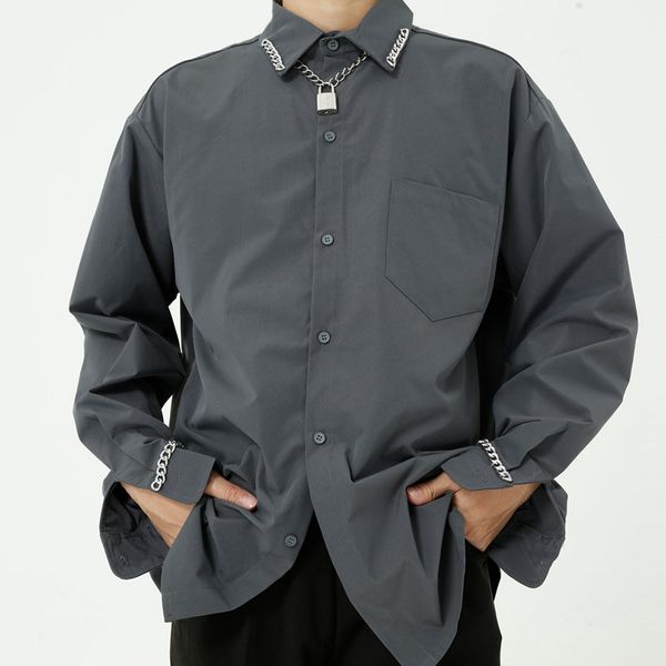 3 colors men iron chain long sleeve collar loose causal shirt male japan korea streetwear hip hop retro fashion shirts, White;black
3 colors men iron chain long sleeve collar loose causal shirt male japan korea streetwear hip hop retro fashion shirts, White;black